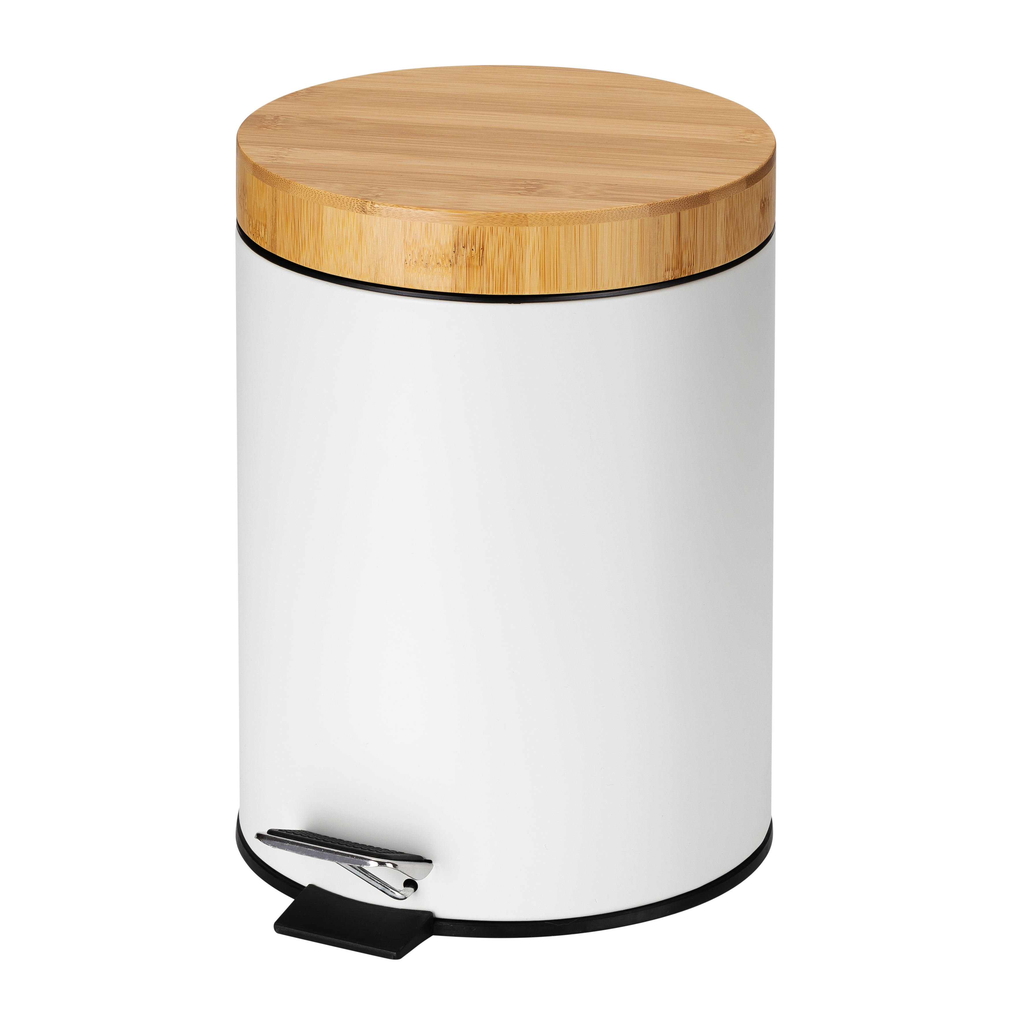 Nuevo diseño Pequeño lata de basura de baño de acero redondo blanco cepillado con tapa de bambú de pedal suave reciclaje de reciclaje extraíble contenedor interno