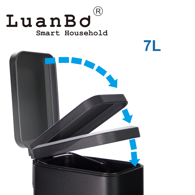 Papelera negra rectangular de diseño delgado de 7L con pedal y tapa abierta suave para baño