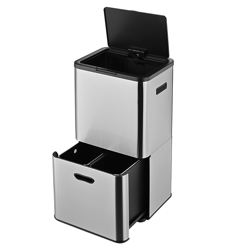 Bote de basura que ahorra espacio con compartimiento doble y contenedor de reciclaje de 65 litros para cocina