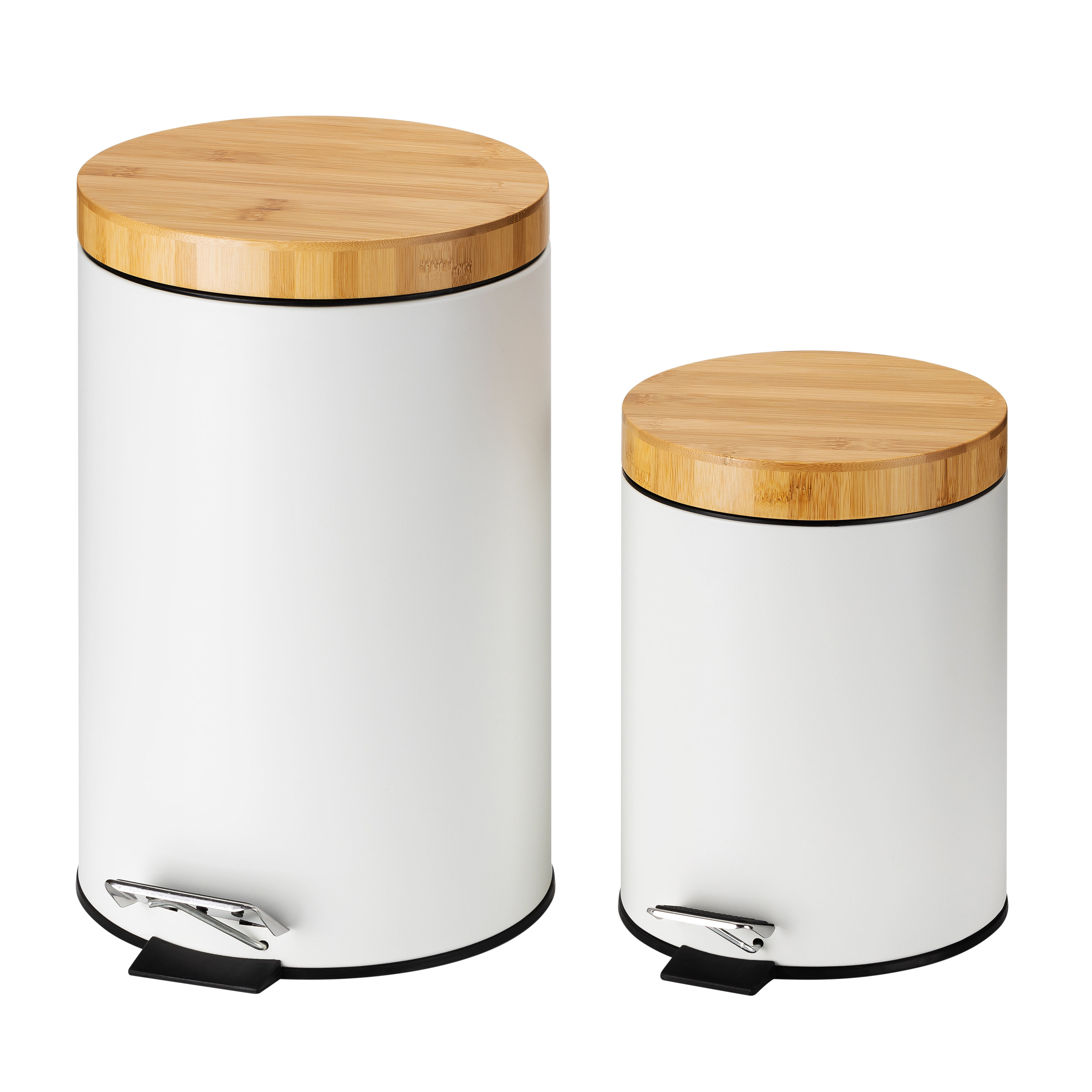 Nuevo diseño Pequeño lata de basura de baño de acero redondo blanco cepillado con tapa de bambú de pedal suave reciclaje de reciclaje extraíble contenedor interno
