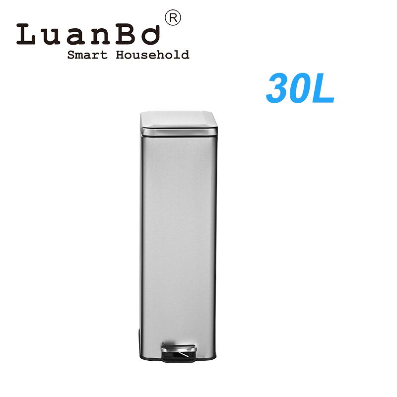 Papelera rectangular con pedal plateado de diseño delgado de 30 litros con tapa suave y cerrada
