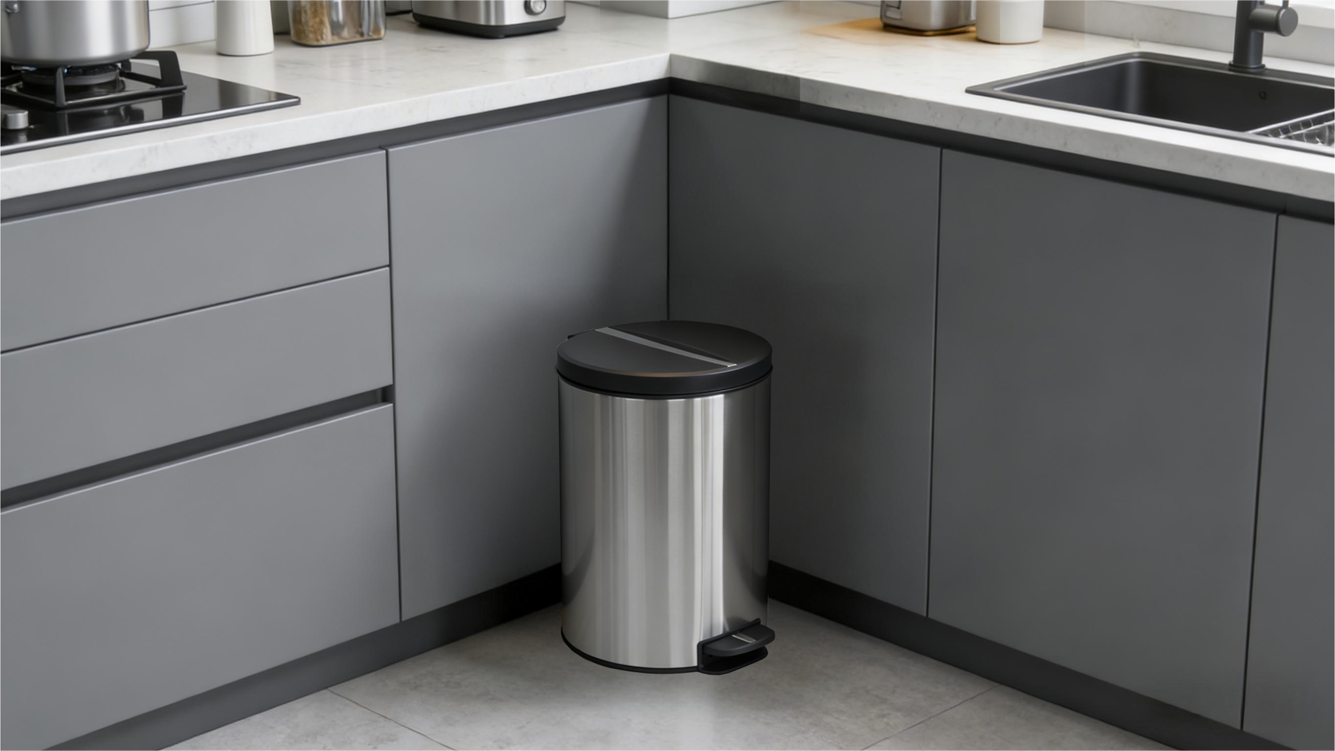 Papelera redonda con pedal de cierre suave de acero inoxidable de 12 litros con tapa de plástico para sala de estar y cocina