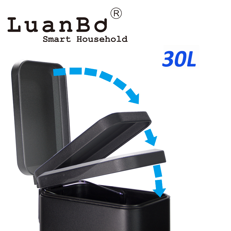 Papelera rectangular con pedal negro de diseño delgado de 30 litros con tapa suave y cerrada