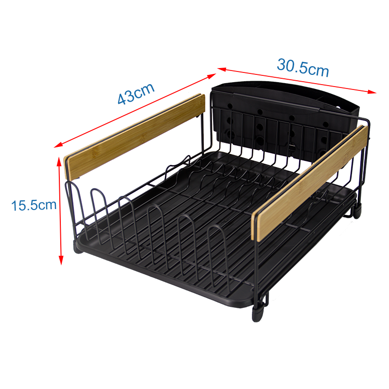 Estante para platos negro de gran capacidad para cocina, resistente al óxido, con mango de bambú