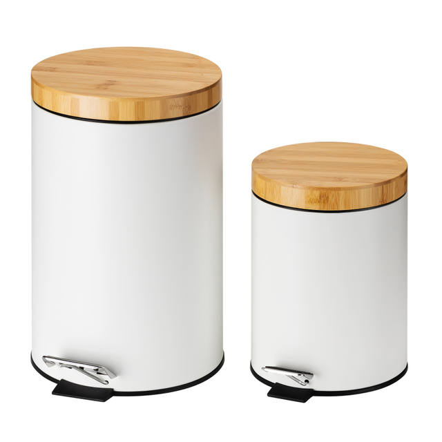 Nuevo diseño Pequeño lata de basura de baño de acero redondo blanco cepillado con tapa de bambú de pedal suave reciclaje de reciclaje extraíble contenedor interno