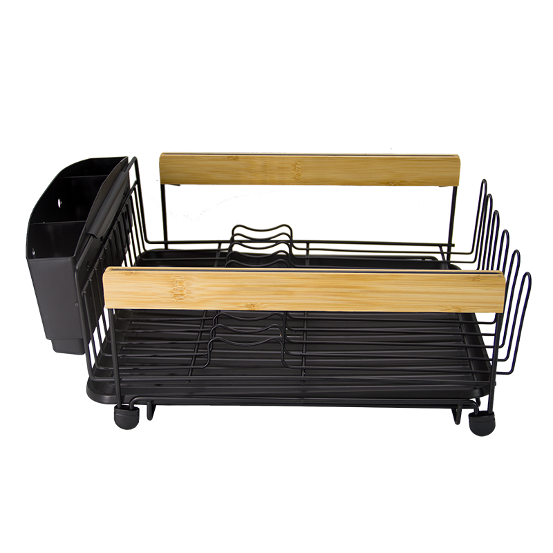 Estante para platos negro de gran capacidad para cocina, resistente al óxido, con mango de bambú