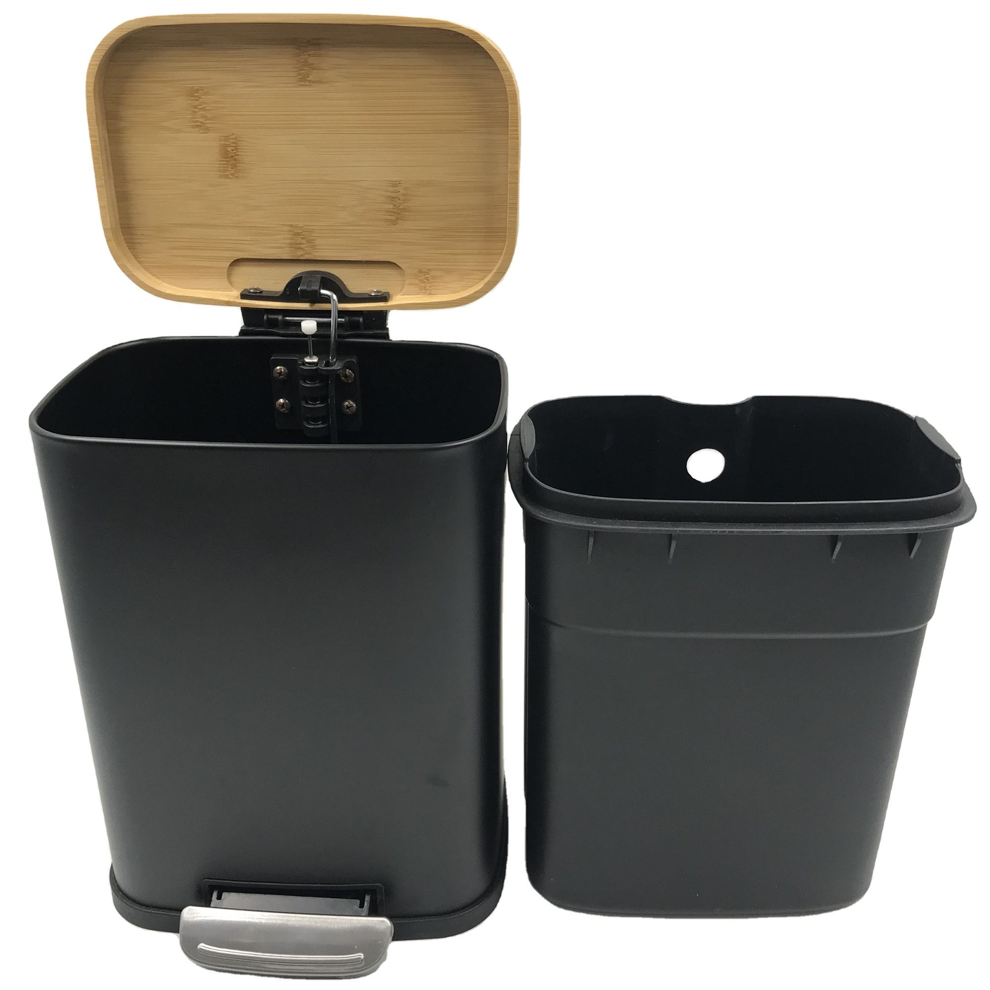2024 Modelo popular Bamboo Lid Waste Bins Pedal de fábrica Direct Bin de acero inoxidable Bin puede pedalear Bin de desechos