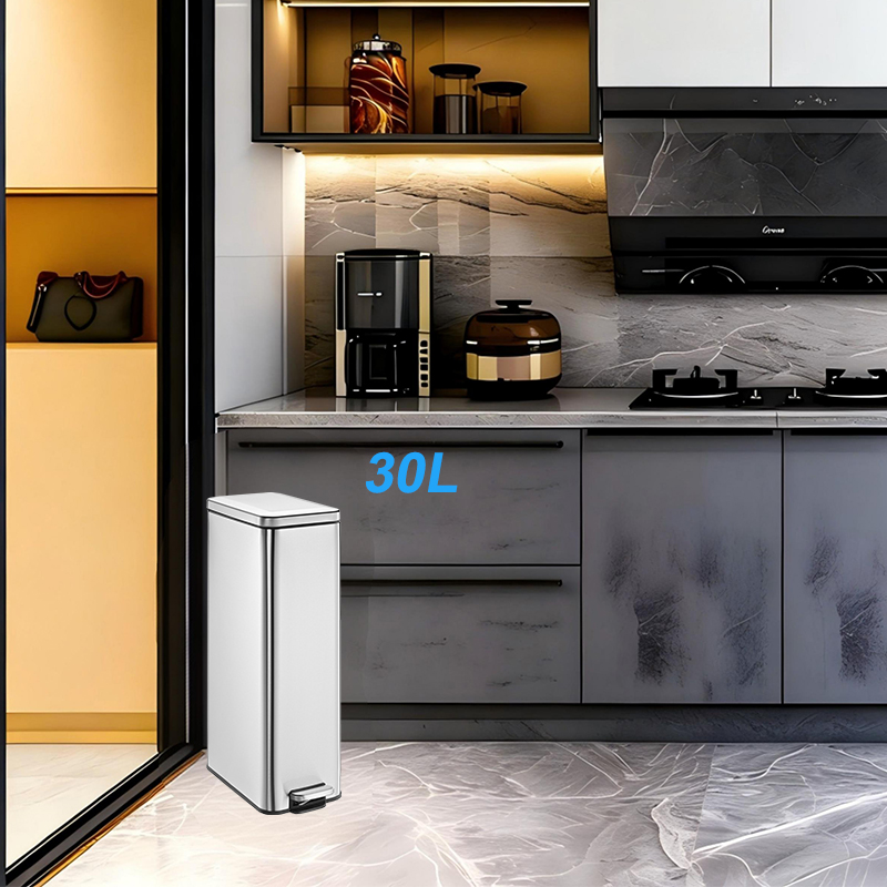 Papelera rectangular con pedal plateado de diseño delgado de 30 litros con tapa suave y cerrada